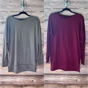 Bundle 2 Crew Neck Drop Shoulder Shirttail Banded Hemline Side Slits Gray Maroon